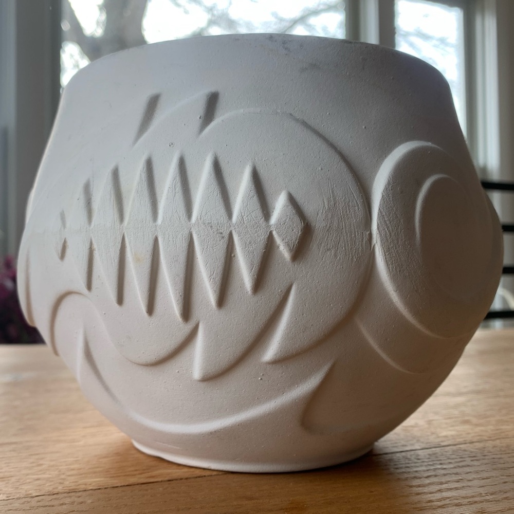 Vintage Ceramic Unfinished Planter with Geometric Design.